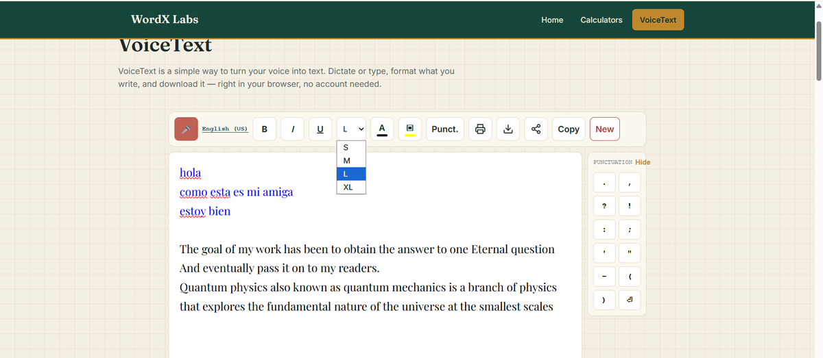 VoiceText demo — multilingual dictation and formatting